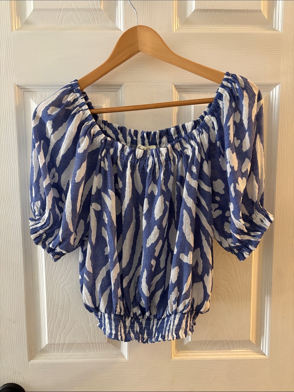 Blue and White Off-Shoulder Puff-Sleeve Blouse